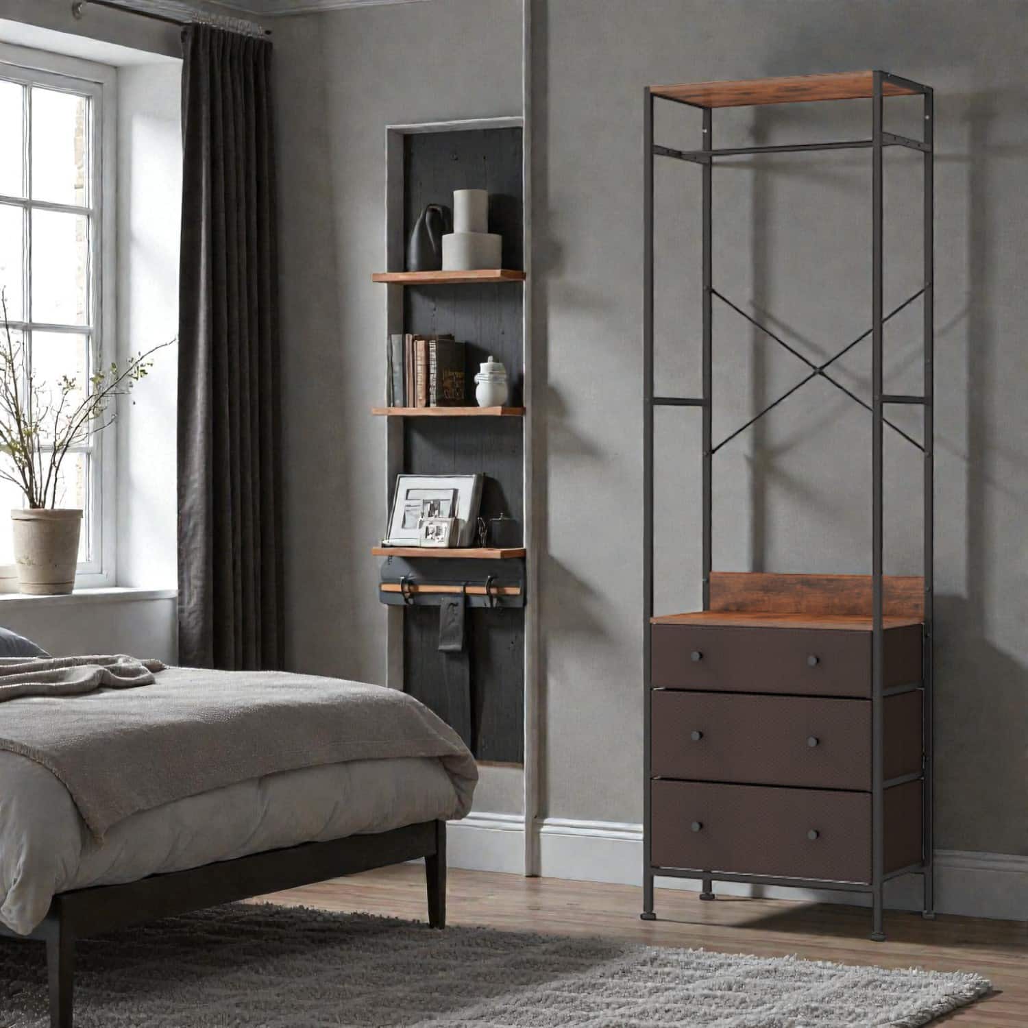 Hivvago - Standalone Closet Cabinet with Adjustable Rod and Shelf Storage - Black, Brown