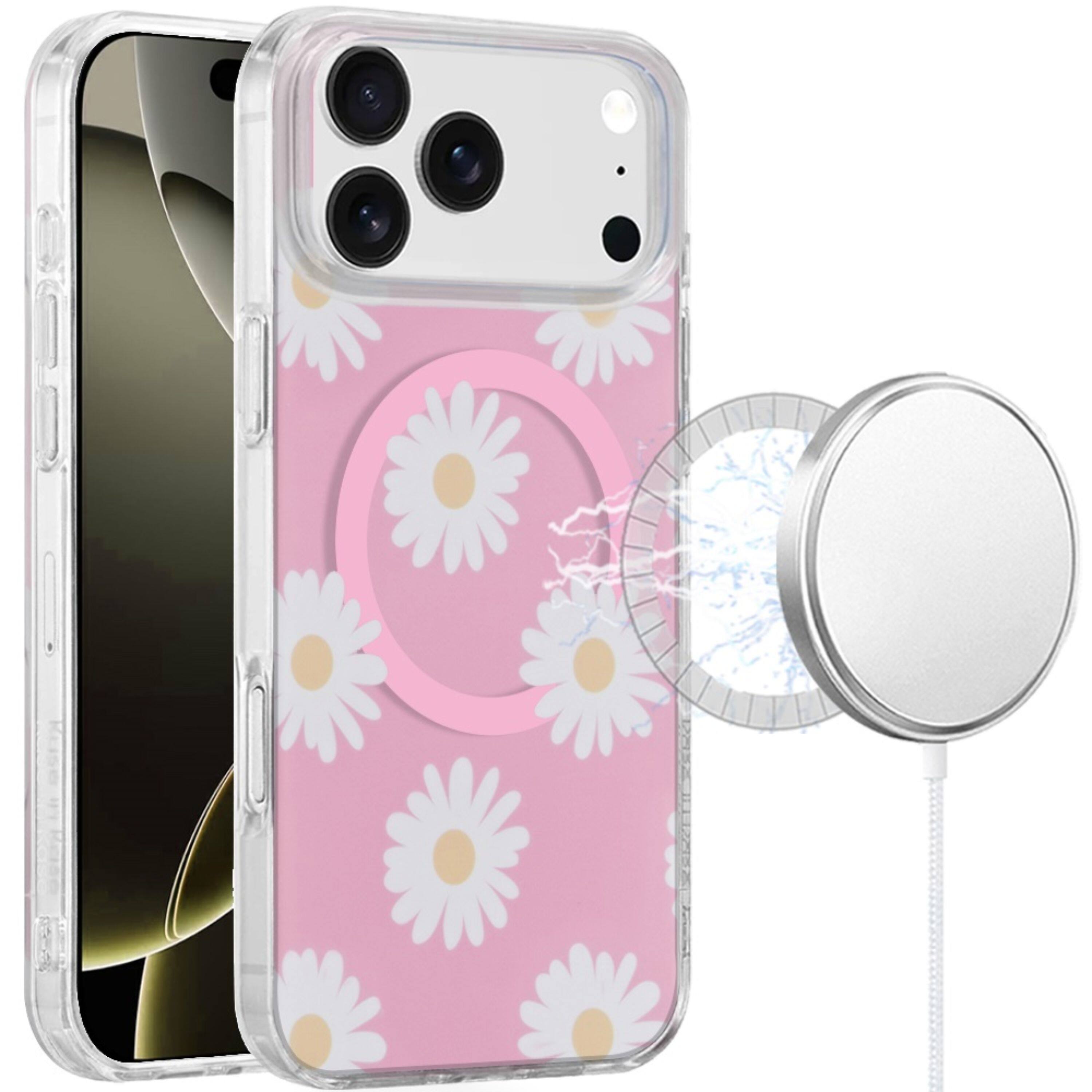Front. Kitcheniva - IMD Dual Layer Magnetic Circle Cover Phone Case With Tempered Glass For iPhone 17 Pro Max Daisies - Daises.
