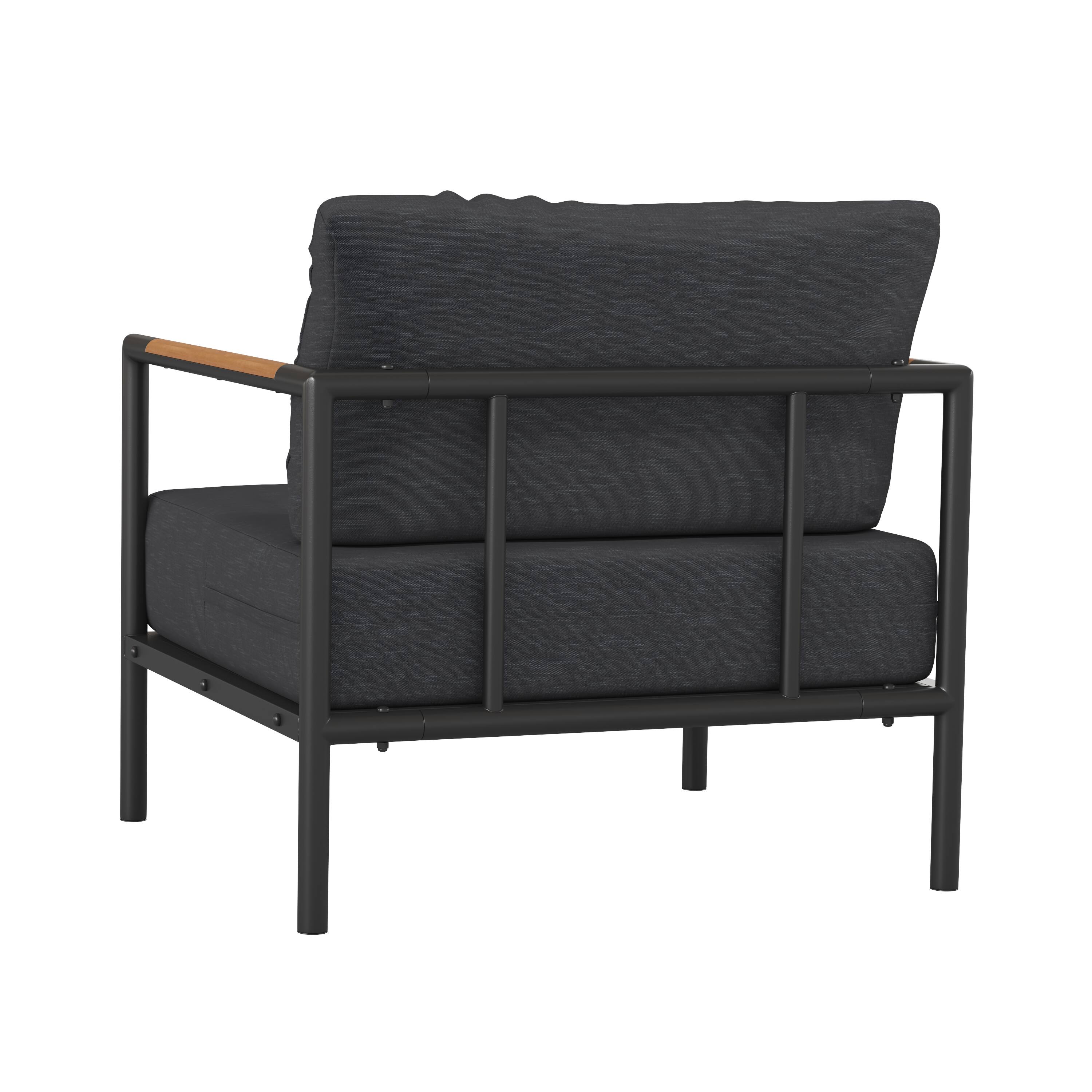 Alt View 5. Emma + Oliver - Aluminum Frame Patio Chair with Teak Arm Accents and Plush Cushions - Charcoal.