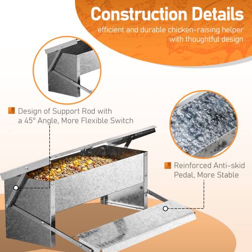 Construction Details  
efficient and durable chicken-raising helper with thoughtful design  

- Design of Support Rod with a 45° Angle, More Flexible Switch  
- Reinforced Anti-skid Pedal, More Stable