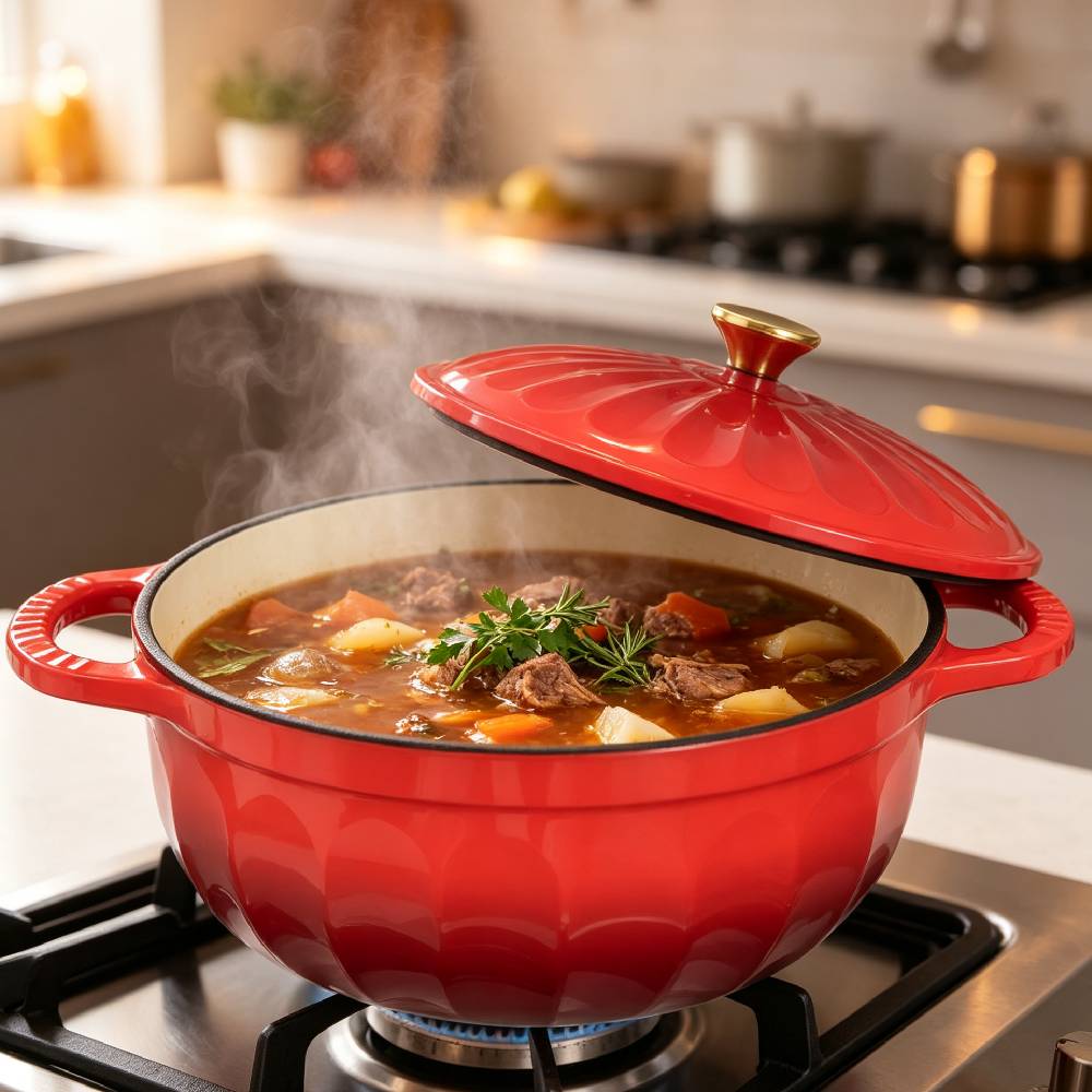 Alt View 7. Winado - 5 QT Enameled Cast Iron Dutch Oven with Gradient Petal Texture,Heat-Resistant Gloves, Pot Mat for Bread Baking, Roasting - Red.