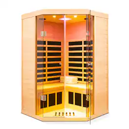 RYHNUYNE - 2 Person Hemlock Far Infrared Corner Sauna, Panoramic Glass Front, 7 Heating Panels, 1520W, Bluetooth and APP Control - Natural