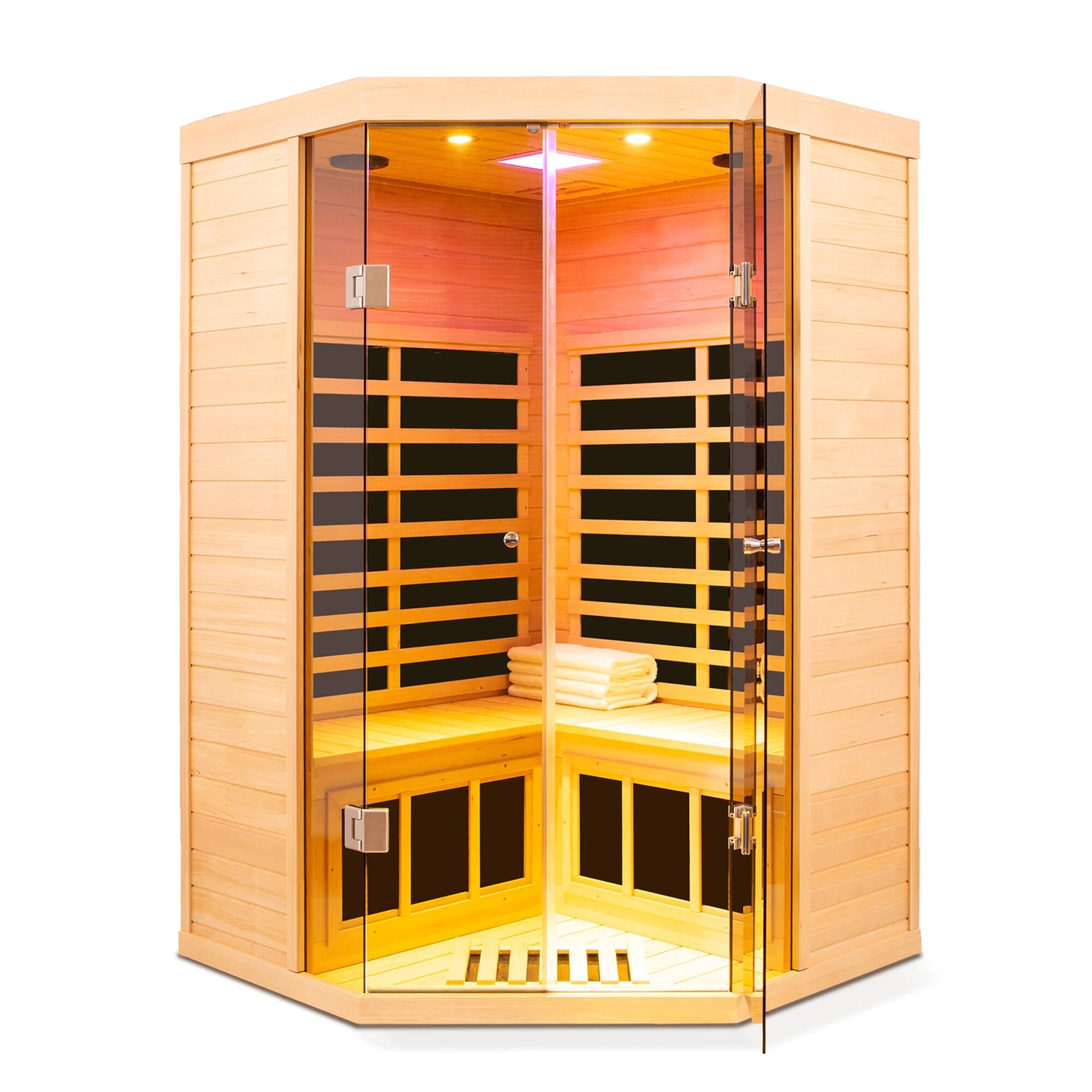 Front. RYHNUYNE - 2 Person Hemlock Far Infrared Corner Sauna, Panoramic Glass Front, 7 Heating Panels, 1520W, Bluetooth and APP Control - Natural.