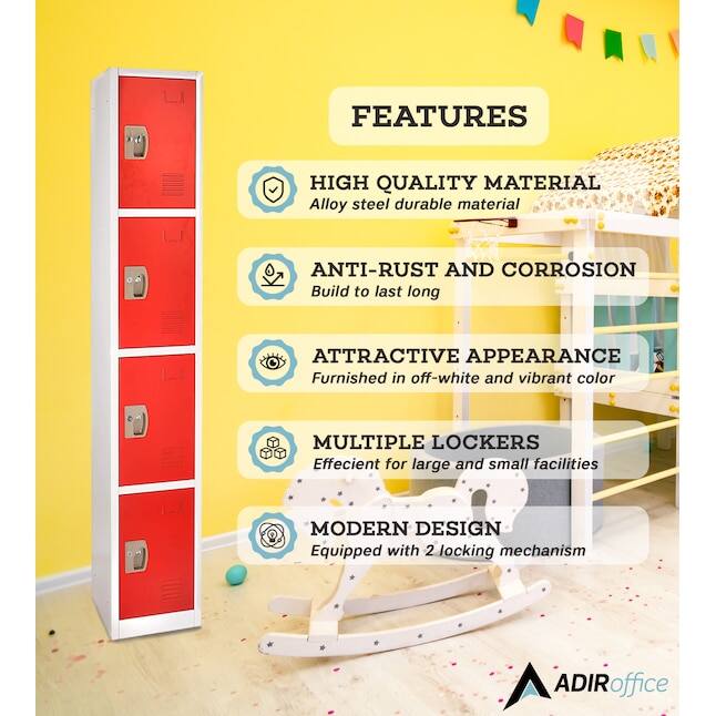 FEATURES

HIGH QUALITY MATERIAL
Alloy steel durable material

ANTI-RUST AND CORROSION
Build to last long

ATTRACTIVE APPEARANCE
Furnished in off-white and vibrant color

MULTIPLE LOCKERS
Effecient for large and small facilities

MODERN DESIGN
Equipped with 2 locking mechanism

ADIRoffice