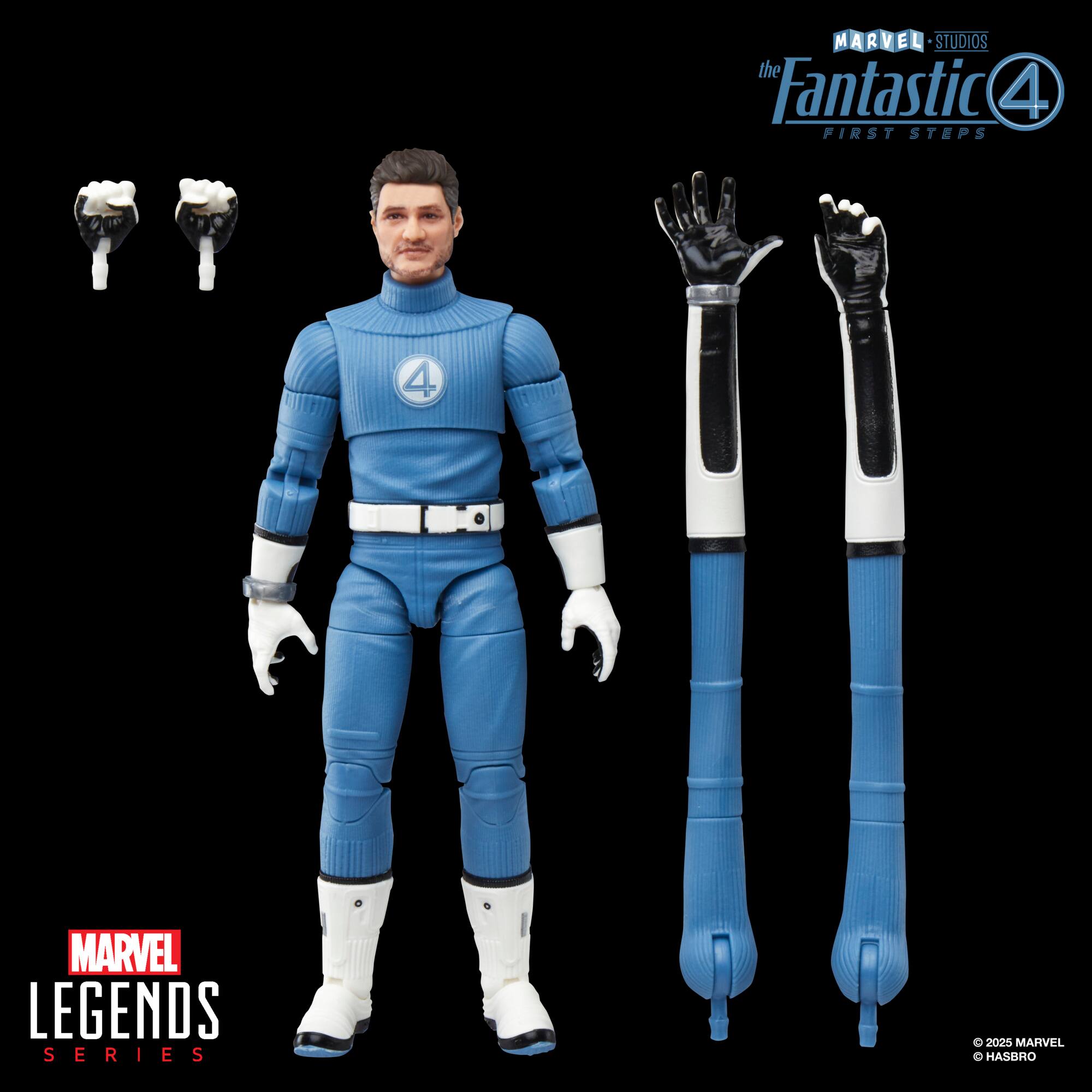 The image features a Marvel Legends action figure of Mr. Fantastic from the Fantastic Four. The figure is wearing a blue uniform and is posed with its arms outstretched. The figure is part of the Marvel Legends Series and is made by Hasbro.