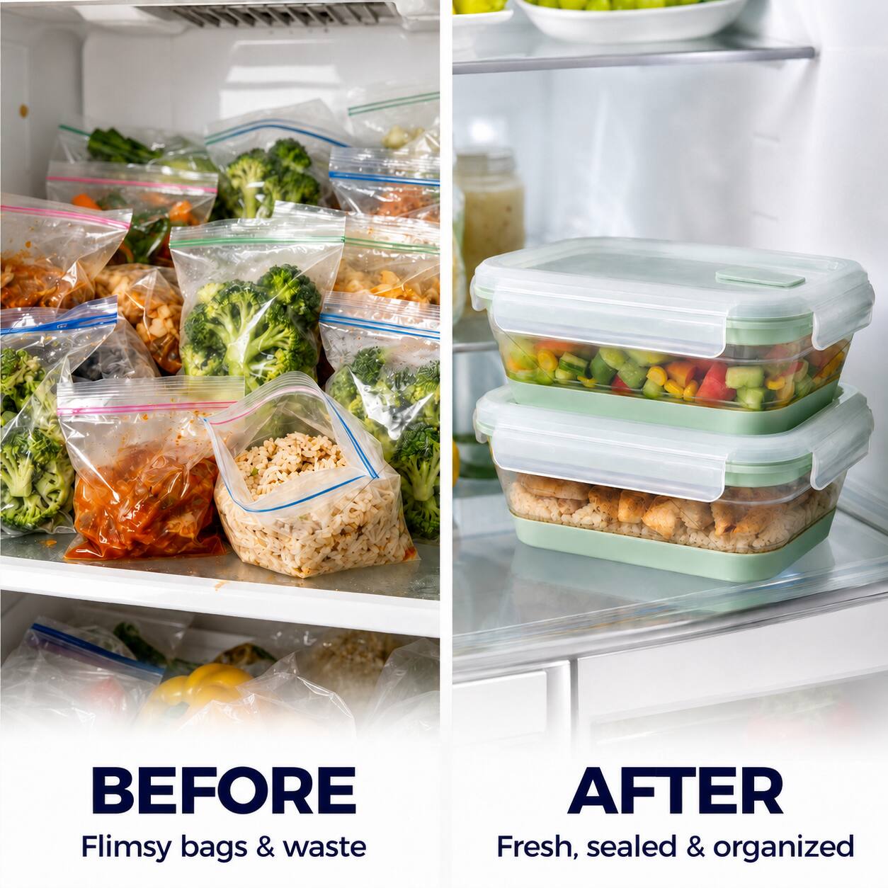 BEFORE Flimsy bags & waste  
AFTER Fresh, sealed & organized
