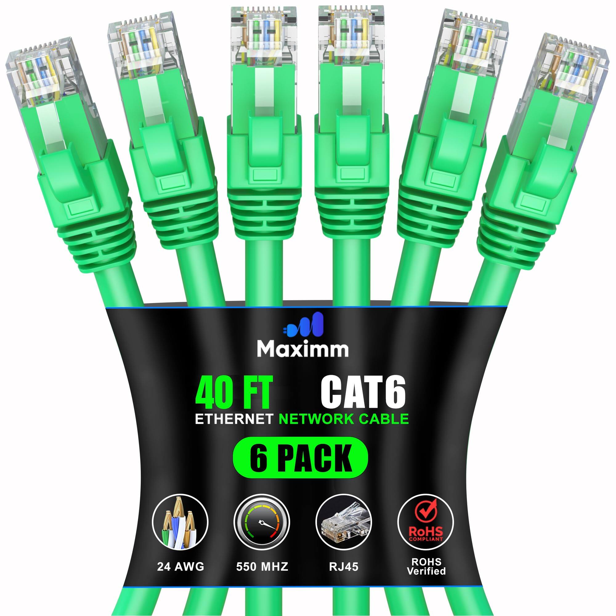 Maxim 40 FT CAT6 Ethernet Network Cable 6 Pack  
RoHS Compliant  
24 AWG  
550 MHz  
RJ45  
RoHS Verified