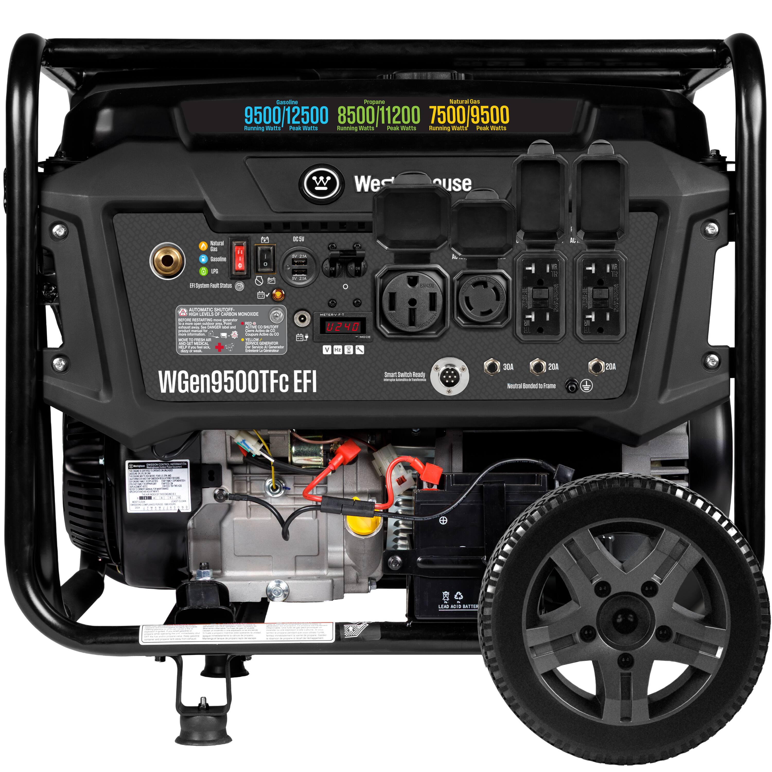 Gasoline Propane Natural Gas  
9500/12500 8500/11200 7500/9500  
Running Watts Peak Watts  
We use Natural Gas  
DCSV DV  
ERSystam out Statutes  
AUTOMATIC SHUTOFF KIN OF CARBON MONOXIDE SPOIL STARDING  
mose provato him C about me You Seoryboard W at ACTIVE  
product NEW Carn - R - nitreation.  
DE AS YELLOW 1000% JUMO HOTHORGO  
or Leuse. Generalive  
U240 MODE Y X:  
WGen9500TFc EFI  
Smart Switch Ready  
30A 20A Neutral Bonded it Frane  
2DA  
UZAD ADID SATTER