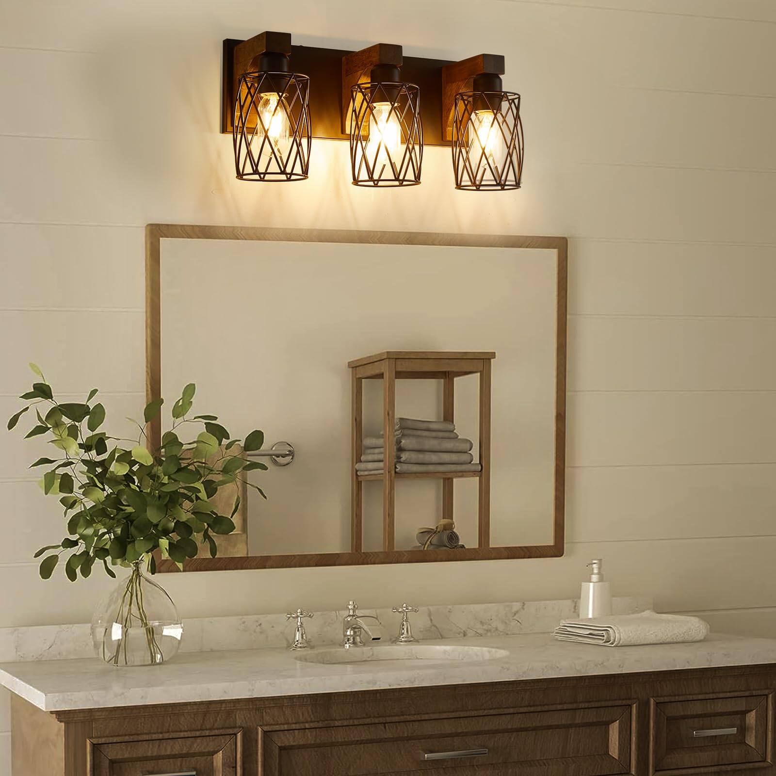 Left. Dazzling Pops - Farmhouse Bathroom Vanity Light Wood Fixtures Over Mirror Industrial Lights With Metal Shade Rustic Lightin - 5-Light.