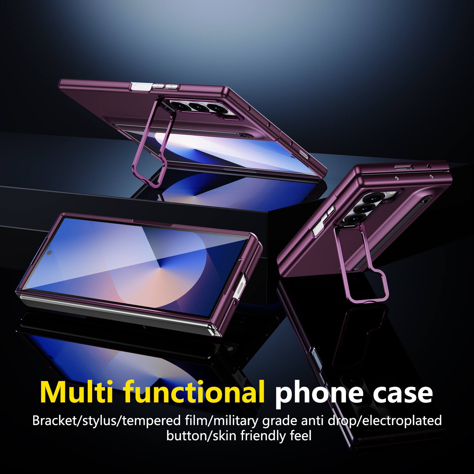 Multi functional phone case  
Bracket/stylus/tempered film/military grade anti drop/electroplated button/skin friendly feel