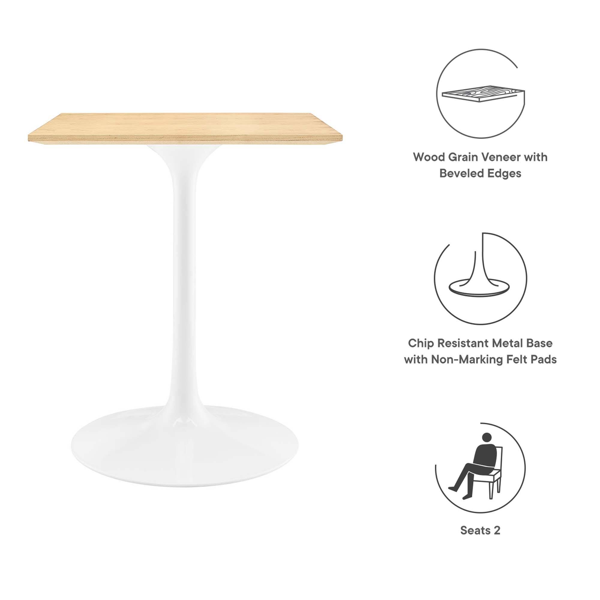 - Wood Grain Veneer with Beveled Edges
- Chip Resistant Metal Base with Non-Marking Felt Pads
- Seats 2