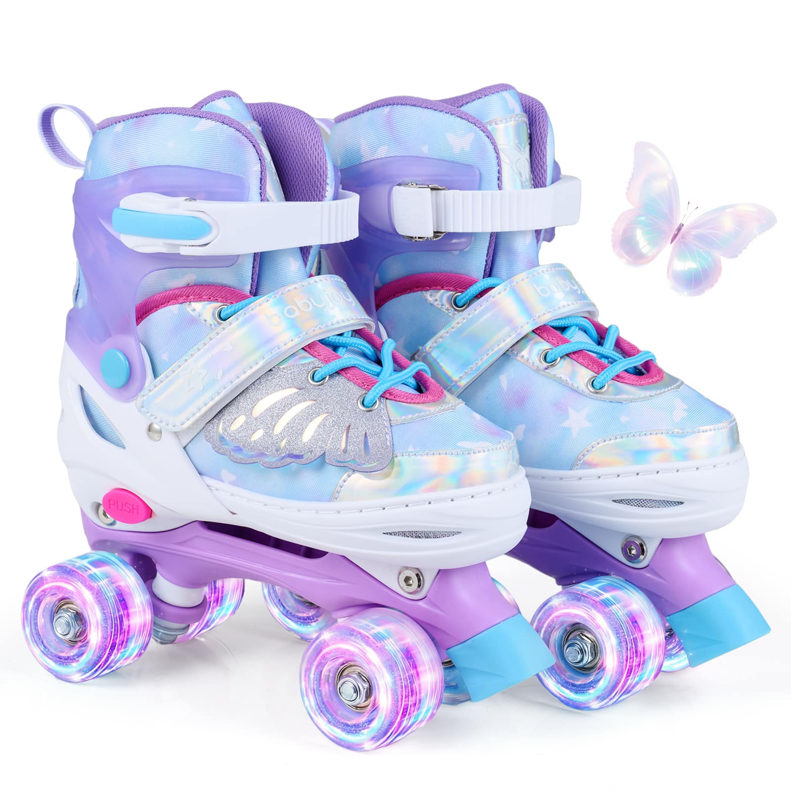 Costway - Kids Roller Skates 4 Sizes Adjustable Quad Skates with Light-up Wheels for Ages 7-9 - Blue