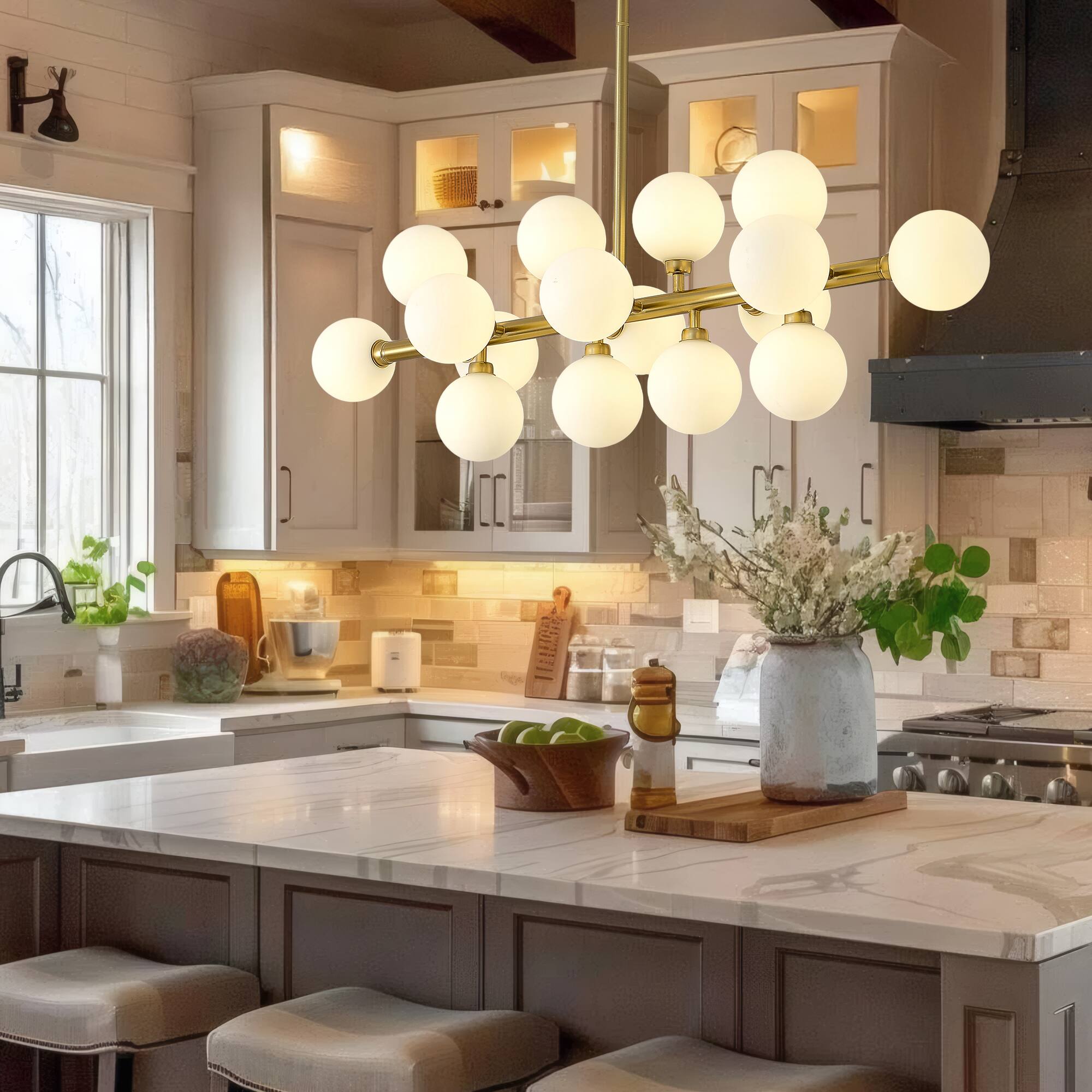 Left. RYHNUYNE - 16-Light Sputnik Chandelier 37.4 Inch Mid-Century Modern Pendant Light with Opaline Glass Adjustable Height.