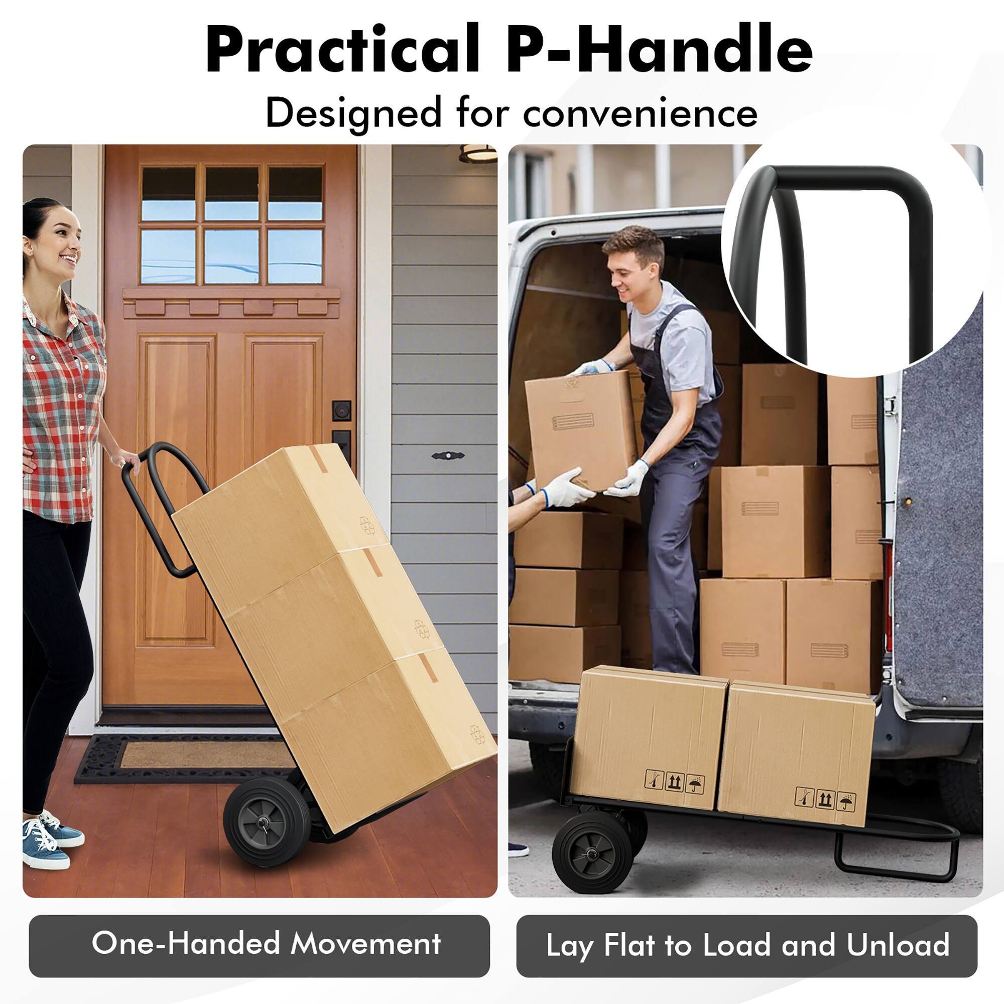 The image features a practical P-Handle designed for convenience. It is designed for one-handed movement and can lay flat to load and unload items.