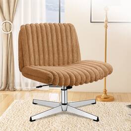 KERDOM - Wide Seat Swivel Vanity Chair Height Adjustable, Armless Office Chair No Wheel, Soft Plush Makeup Chair For Home Bedroom - Brown
