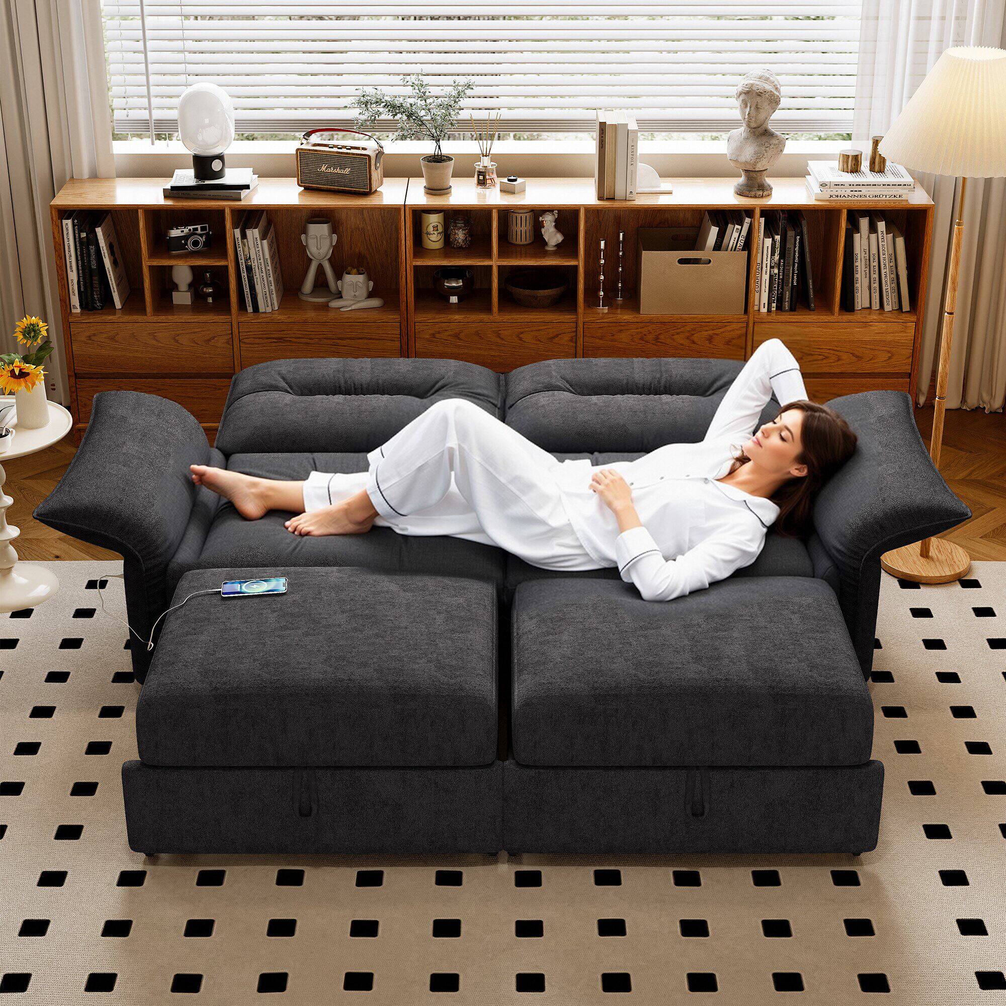 Left. LUCKY ONE - 85" 2-in-1 Convertible Sofa Bed with Plush Upholstery and Built-in USB Charging Ports - Grey.