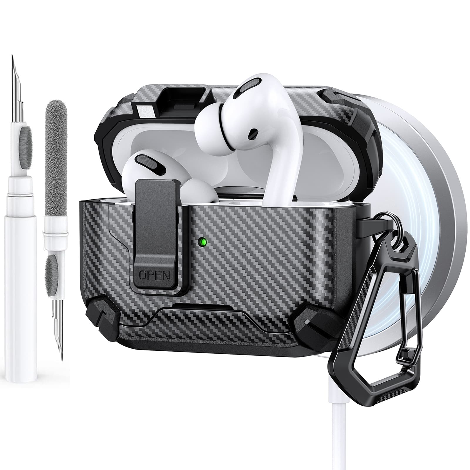 Dteck - Case for Airpods Pro 2nd Gen (2022) with Magnetic Lock,Compatible with Mag Safe,Carbon Fiber Texture Cover + Carabiner - Black