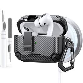 Dteck - Case for Airpods Pro 2nd Gen (2022) with Magnetic Lock,Compatible with Mag Safe,Carbon Fiber Texture Cover + Carabiner - Black