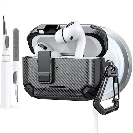 Front. Dteck - Case for Airpods Pro 2nd Gen (2022) with Magnetic Lock,Compatible with Mag Safe,Carbon Fiber Texture Cover + Carabiner - Black.