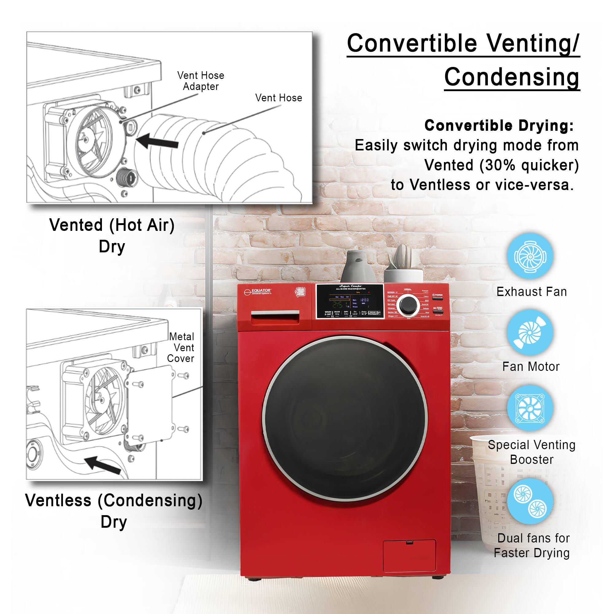 Convertible Venting/Condensing
Convertible Drying: Easily switch drying mode from Vented (30% quicker) to Ventless or vice-versa.
Vented (Hot Air) Dry
Vent Hose Adapter
Vent Hose
Ventless (Condensing) Dry
Metal Vent Cover
Exhaust Fan
Fan Motor
Special Venting Booster
Dual fans for Faster Drying