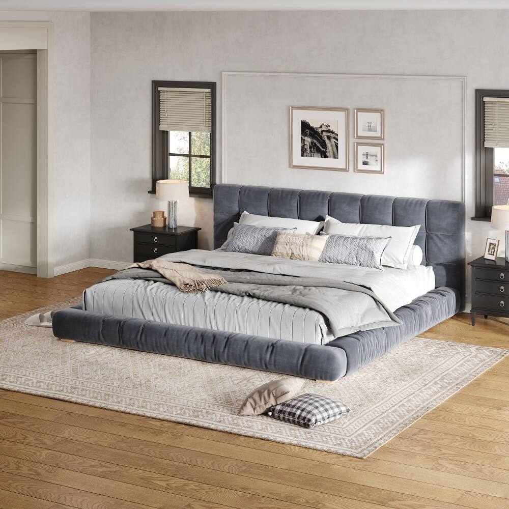 Angle. Loheer - Loheer King Size Upholstered Velvet Platform Bed Frame Gray Low Profile - Gray.