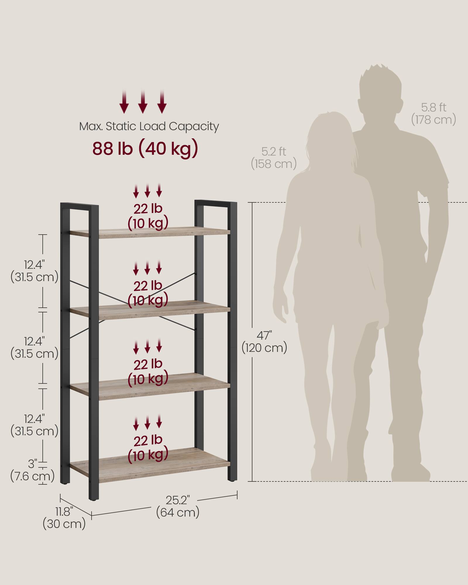 Max. Static Load Capacity: 88 lb (40 kg)

5.2 ft (158 cm)  
5.8 ft (178 cm)

12.4" (31.5 cm)  
12.4" (31.5 cm)  
12.4" (31.5 cm)  
3" (7.6 cm)  
11.8" (30 cm)  
22 lb (10 kg)  
22 lb (10 kg)  
22 lb (10 kg)  
22 lb (10 kg)  
25.2" (64 cm)  
47" (120 cm)