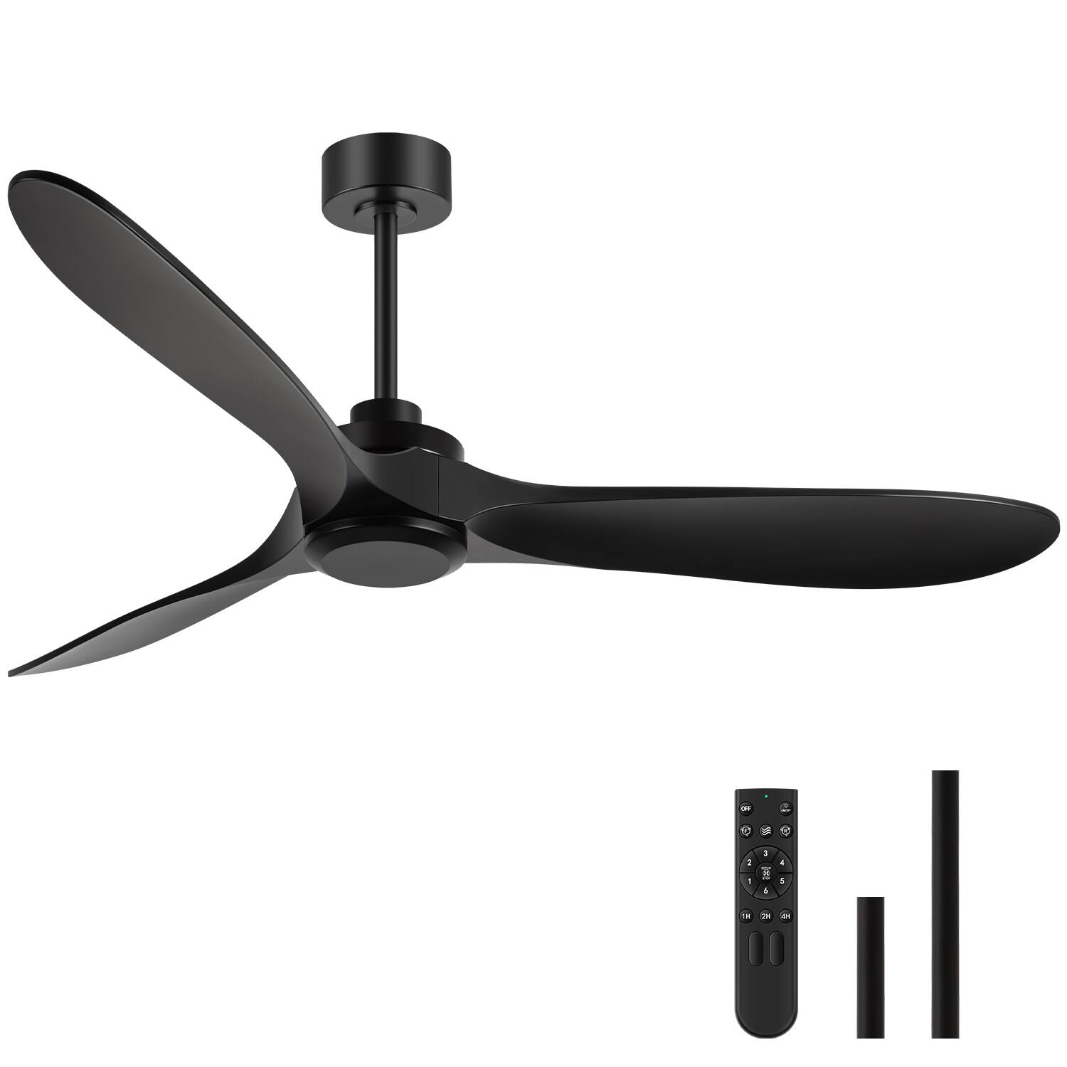 Angle. Breezary - 60-Inch Indoor Ceiling Fan with 3 ABS Blades, DC Motor, 6-Speed Remote Control with Timer, 6"&12" Downrods, Led/No Light - Matte Black (Without Light).