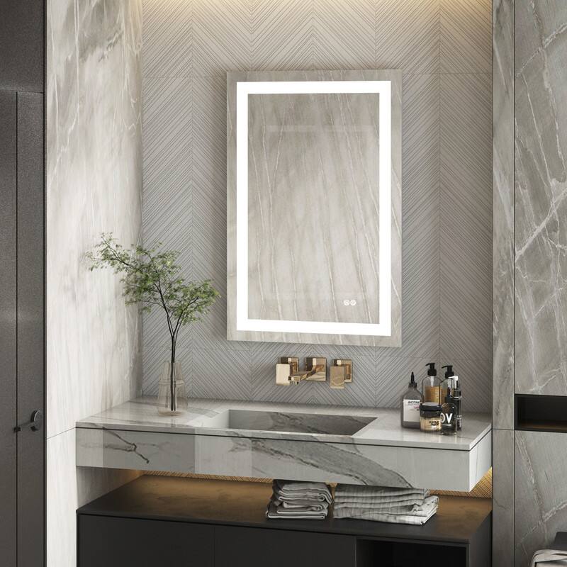 Angle. WELLFOR - 24 in Wx36 in H Rectangular Frameless Anti-Fog LED Bathroom Vanity Mirror, Wall Mounted Mirror with Memory Function - Silver.