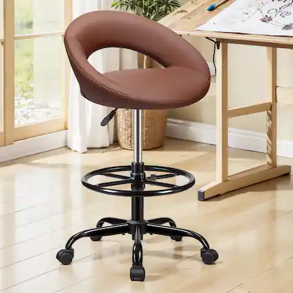 Front. KERDOM - Tall Office Drafting Chair, Bar Stool with Footrest, Shop Rolling Swivel Chair for Standing Desk Kitchen Counter Studio - Brown.