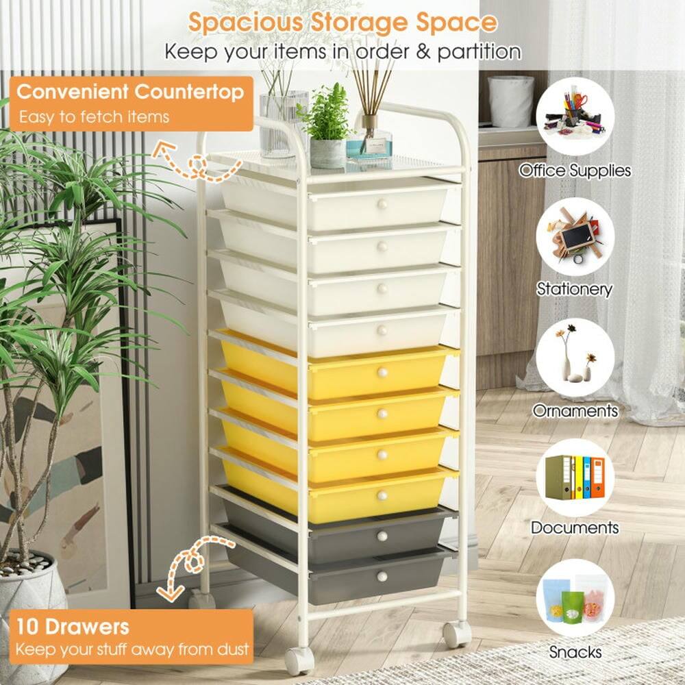 Spacious Storage Space  
Keep your items in order & partition  

Convenient Countertop  
Easy to fetch items  

10 Drawers  
Keep your stuff away from dust  

Office Supplies  
Stationery  
Ornaments  
Documents  
Snacks