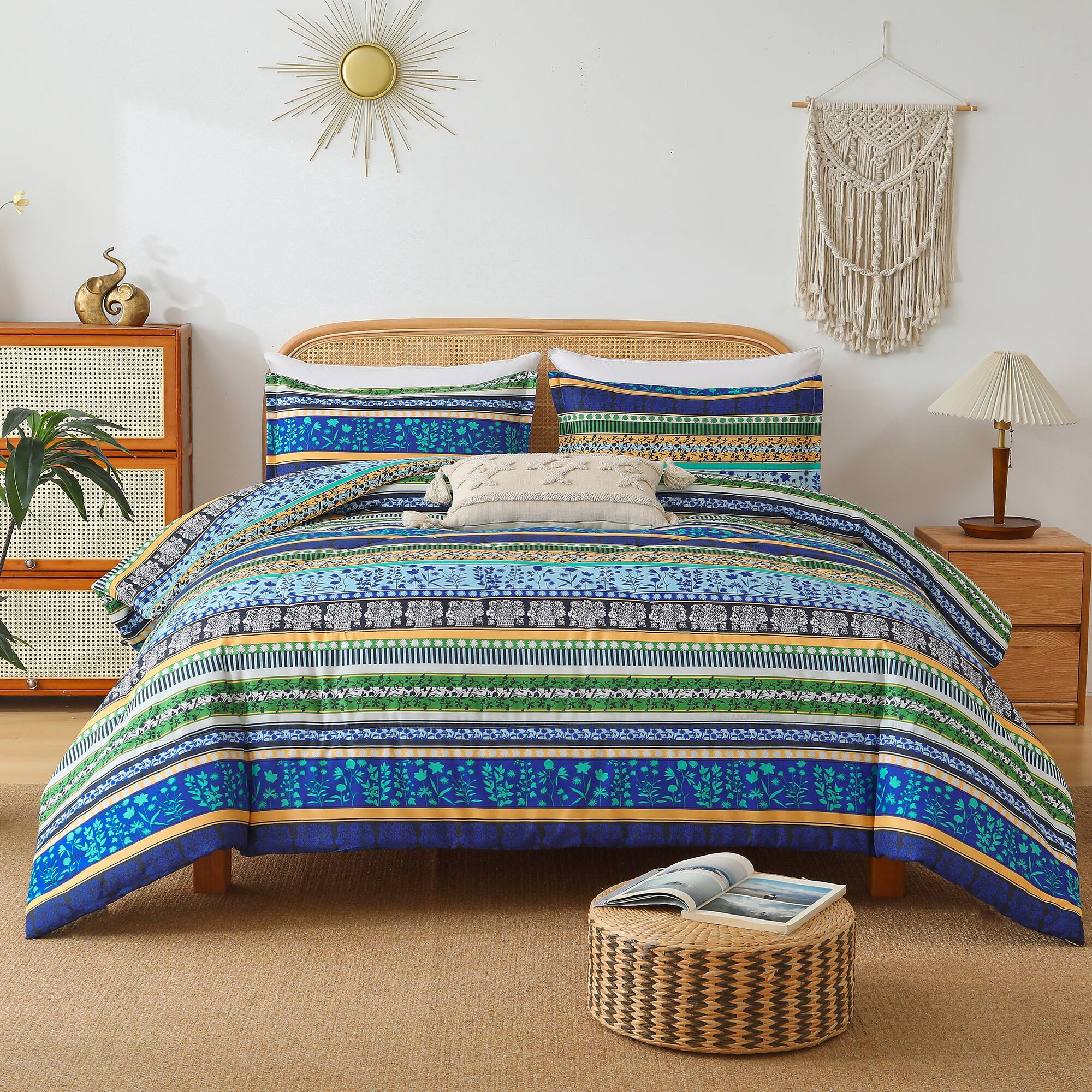 Front. Shatex - 3-Piece Bohemian Striped Print comforter Set Featuring A Free-Spirited Artistic Style - Blue.