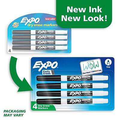 New Ink, New Look!  
Expo Low Odor Dry Erase Markers  
Easily Erases  
4 Dry Erase Markers  
Packaging May Vary  
Wow! Our Most Vibrant Ink  
Fine