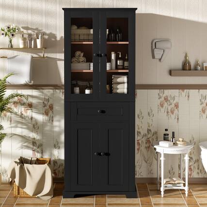 Front. Boyel Living - 67.2 Inch Black Tall Bathroom Storage Cabinet with Tempered Glass Doors Adjustable Shelves Drawer Soft Close Linen Tower - Black.