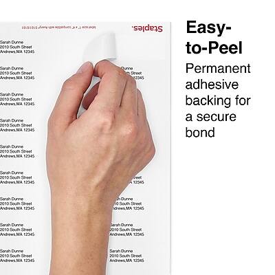 Sure, here is the corrected and grouped text:

**Sarah Dunne**  
2010 South Street  
Andrews, MA 12345  

**Easy-to-Peel Permanent adhesive backing for a secure bond**  

**Staples**  
Easy-to-Peel Permanent adhesive backing for a secure bond