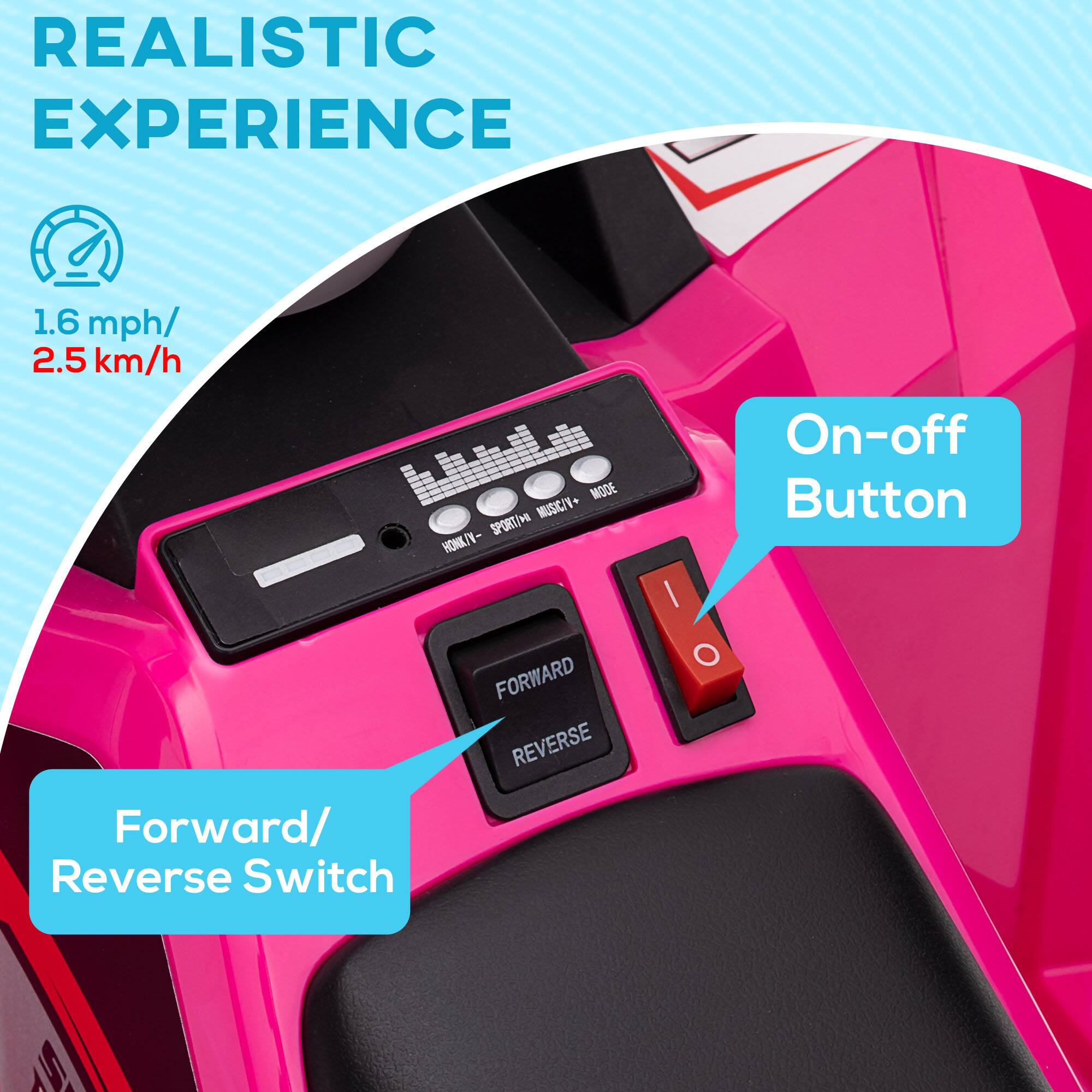 REALISTIC EXPERIENCE

1.6 mph / 2.5 km/h

On-off Button

Forward/Reverse Switch