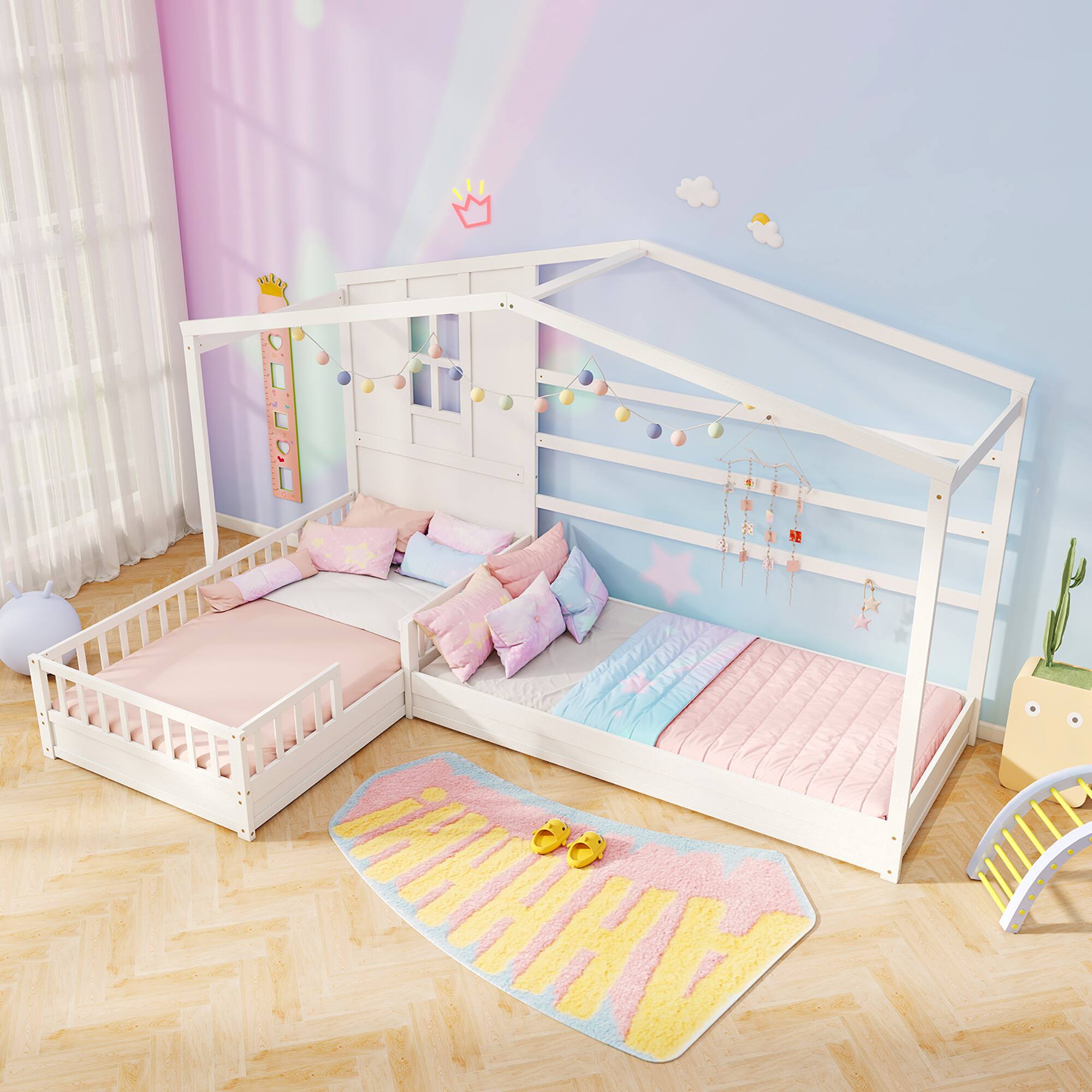 Alt View 3. Gymax - Gymax L-shaped Double Twin Beds House Platform Beds w/ Window & Fences ray White - White.