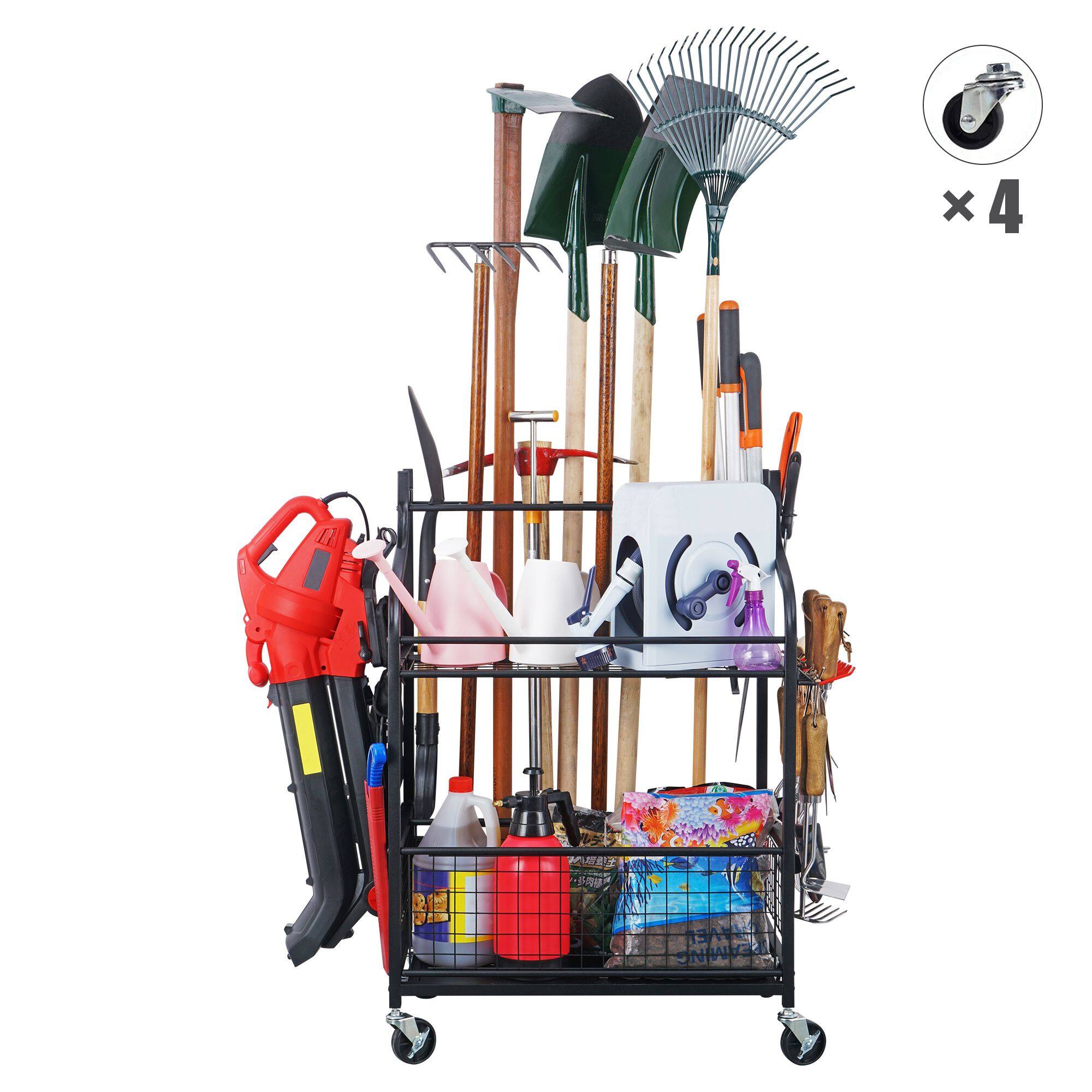 ZACHVO - 3- Tier Garden Tool Organizer for Garage-Yard Tool Racks with Wheels - Black