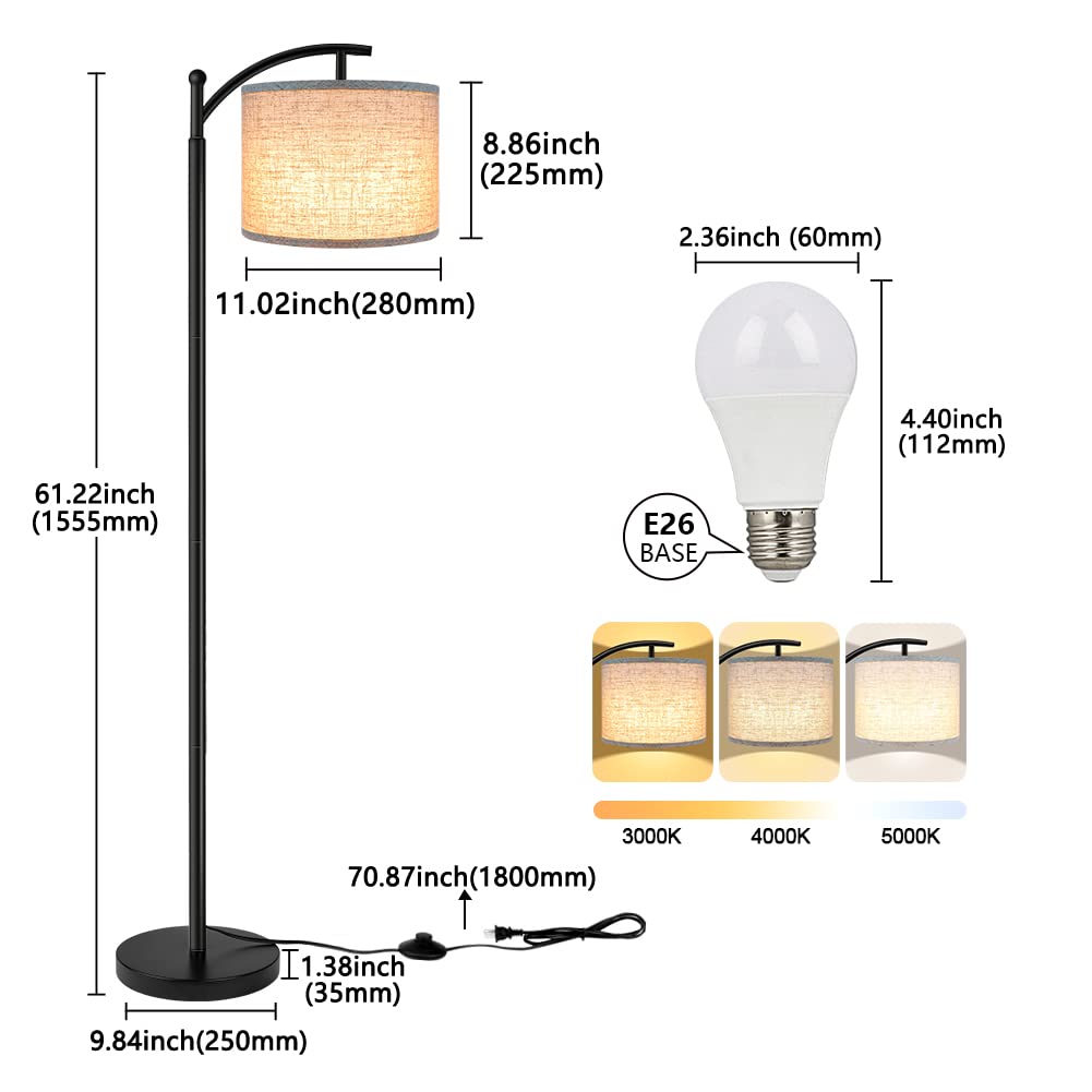 Sure, here is the corrected and grouped text from the image:

- **Lamp Dimensions:**
  - Height: 61.22 inch (1555 mm)
  - Lampshade Diameter: 8.86 inch (225 mm)
  - Lampshade Height: 11.02 inch (280 mm)
  - Base Diameter: 9.84 inch (250 mm)
  - Base Thickness: 1.38 inch (35 mm)
  - Cord Length: 70.87 inch (1800 mm)

- **Bulb Dimensions:**
  - Bulb Diameter: 2.36 inch (60 mm)
  - Bulb Height: 4.40 inch (112 mm)
  - Bulb Base: E26

- **Color Temperature Options:**
  - 3000K
  - 4000K
  - 5000K