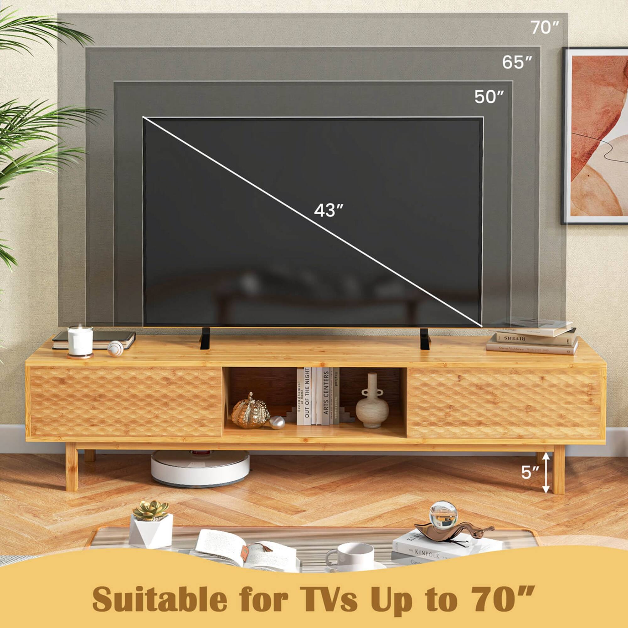 The text on the image reads: "70" 65" 50" 43" Suitable for TVs up to 70".