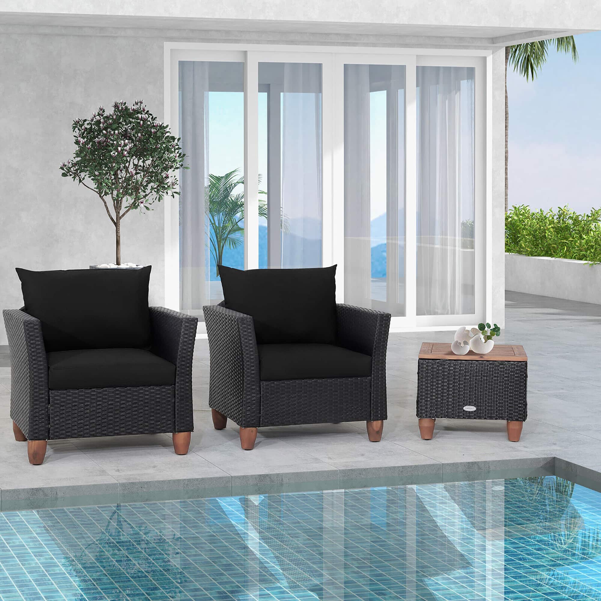 Gymax - 3PCS Patio Rattan Conversation Furniture Set Yard Outdoor w/ Cushions - Black price history on PriceWatchPro