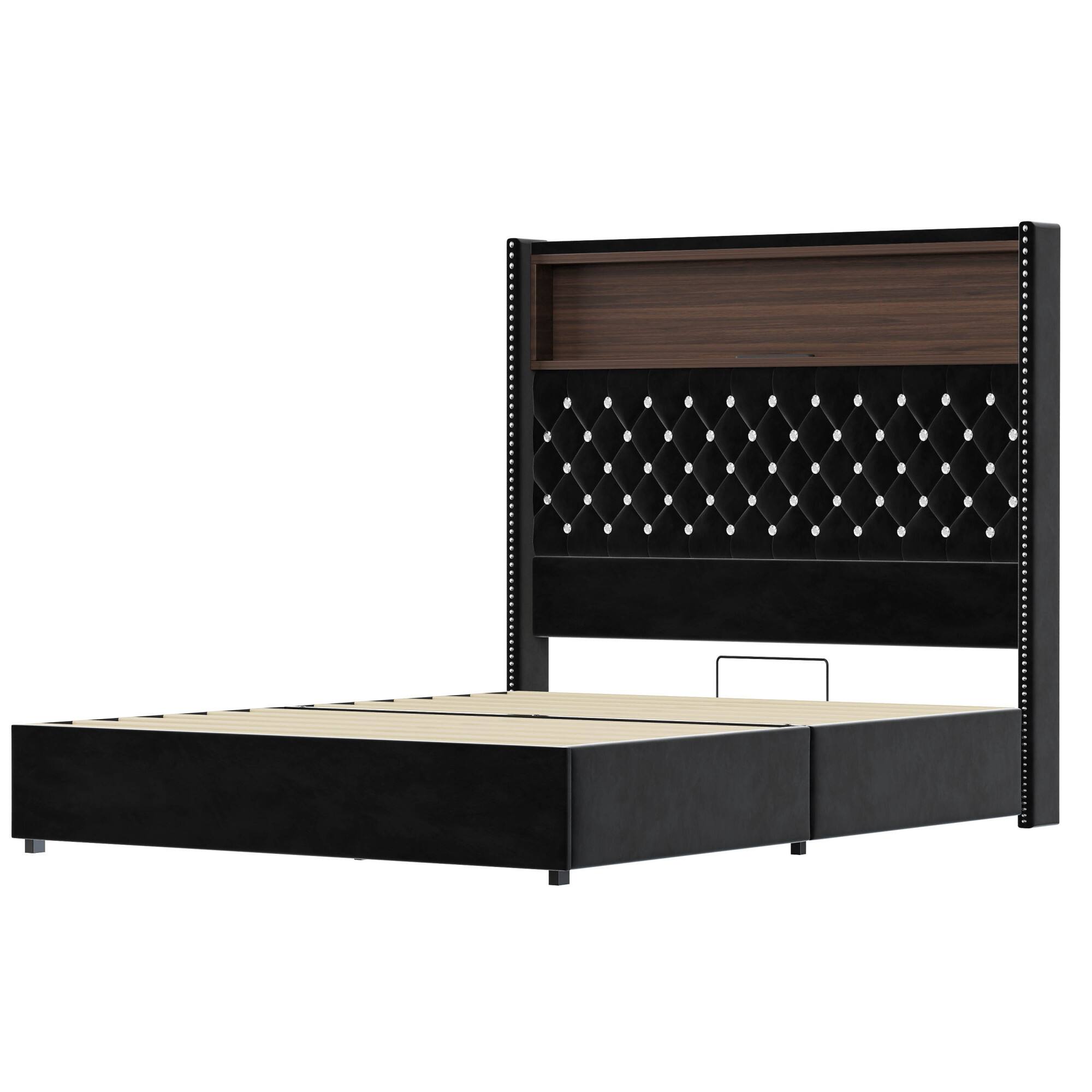 Alt View 9. GOODSILO - Luxurious Velvet Tufted Bed Frame with USB Port and Night Light, High Headboard Platform Bed - Black.