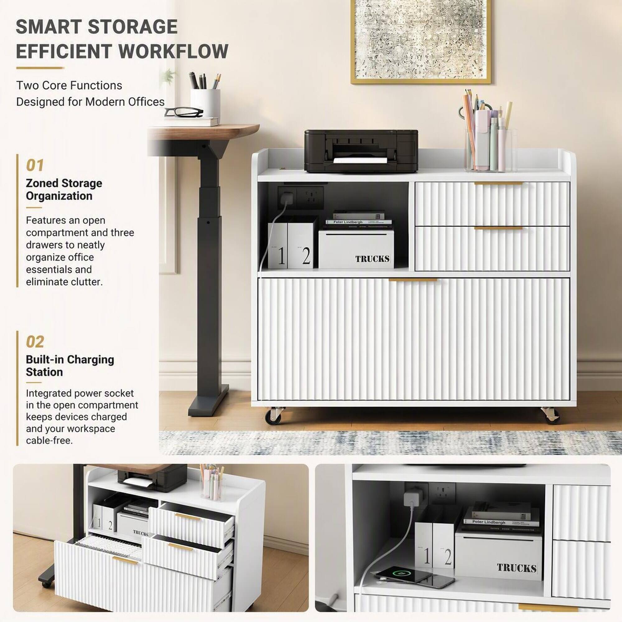 SMART STORAGE  
EFFICIENT WORKFLOW  

Two Core Functions  
Designed for Modern Offices  

01 Zoned Storage Organization  
Features an open compartment and three drawers to neatly organize office essentials and eliminate clutter.  

02 Built-in Charging Station  
Integrated power socket in the open compartment keeps devices charged and your workspace cable-free.  

Lindbergh TRUCKS  
Poter Lindbergh