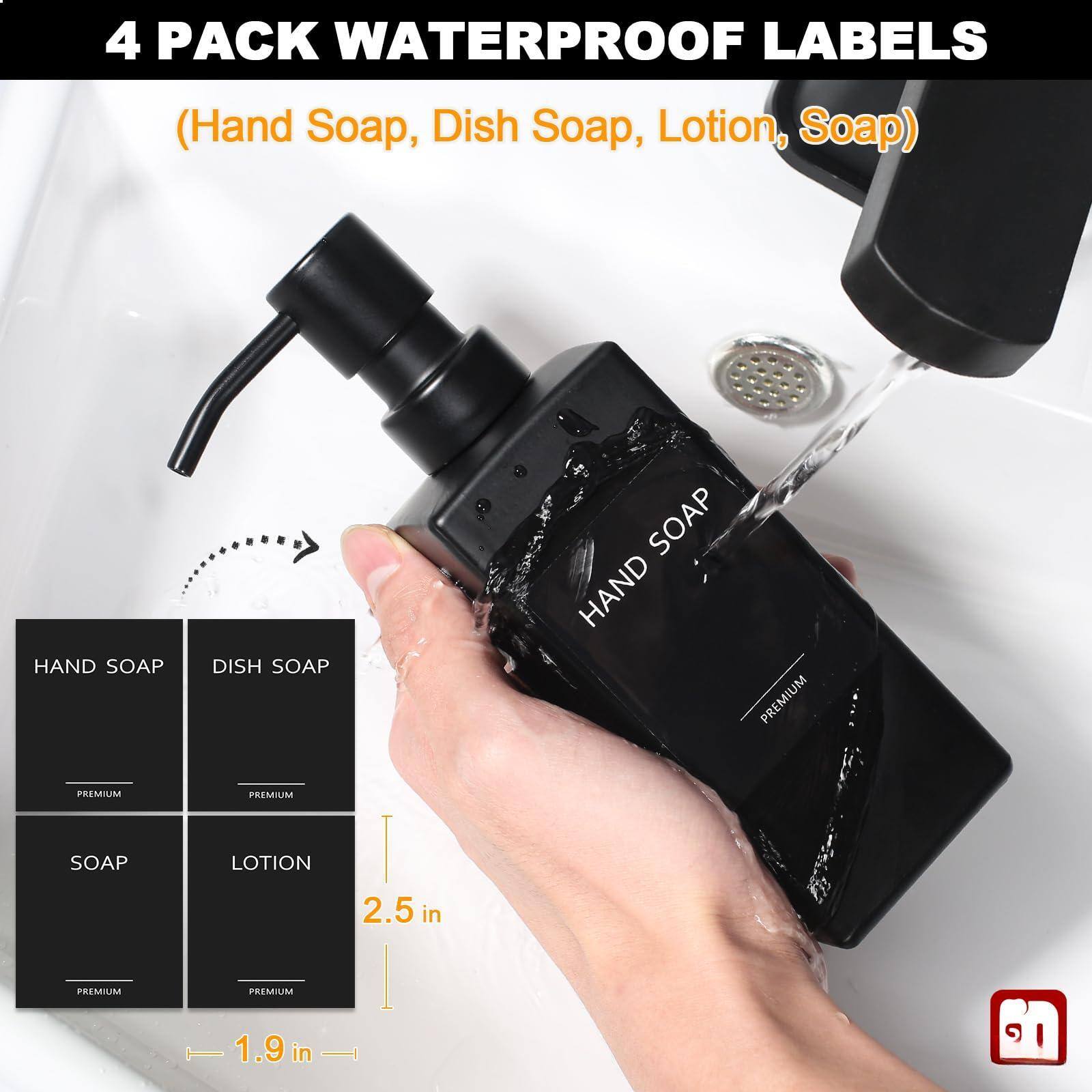 4 PACK WATERPROOF LABELS  
(Hand Soap, Dish Soap, Lotion, Soap)

HAND SOAP  
PREMIUM

DISH SOAP  
PREMIUM

SOAP  
PREMIUM

LOTION  
PREMIUM

2.5 in  
1.9 in