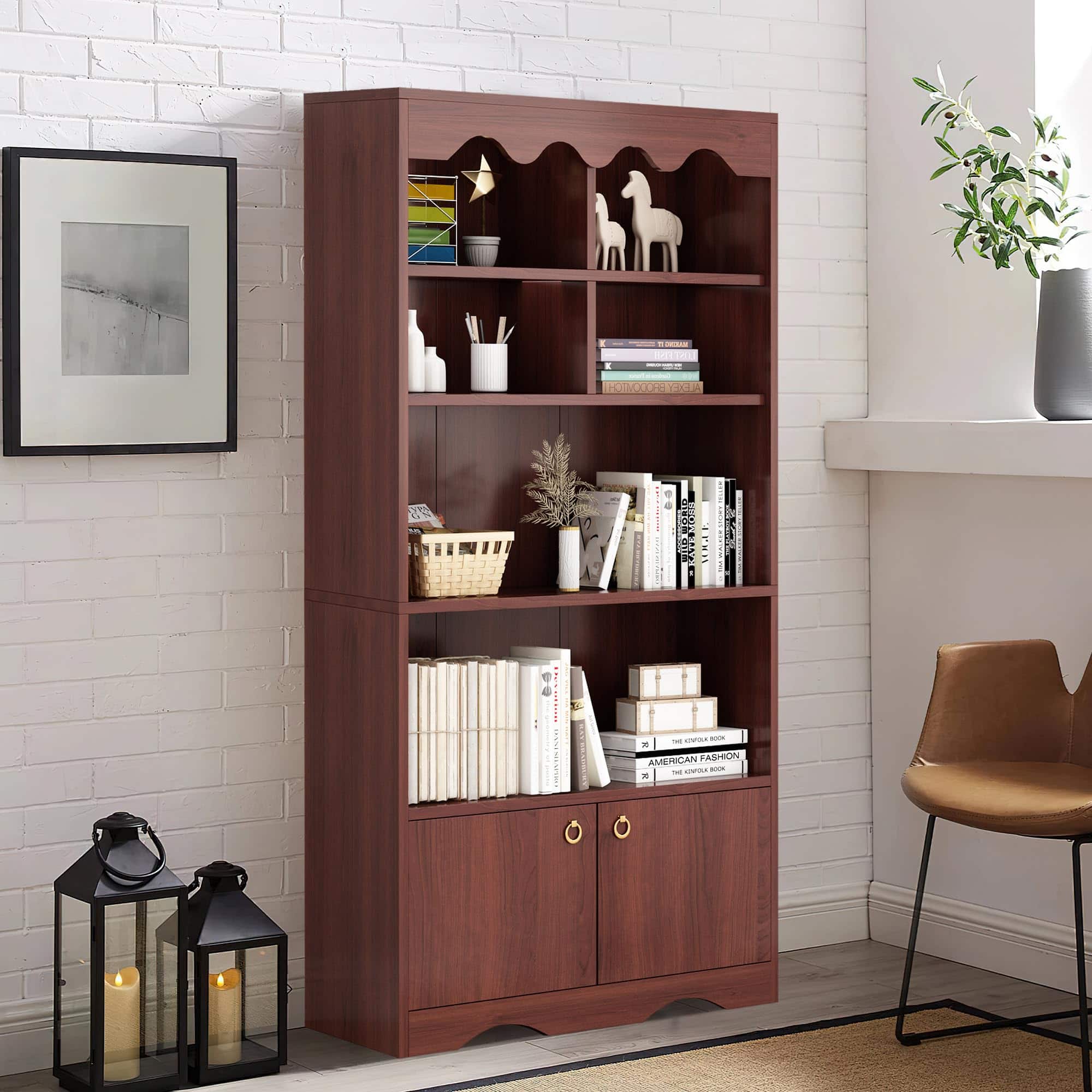 Acekool - 5-Tier Bookcase with Doors, White Semi-Open Bookshelf, Modern Storage Cabinet for Living Room, Office, Bedroom - Brown