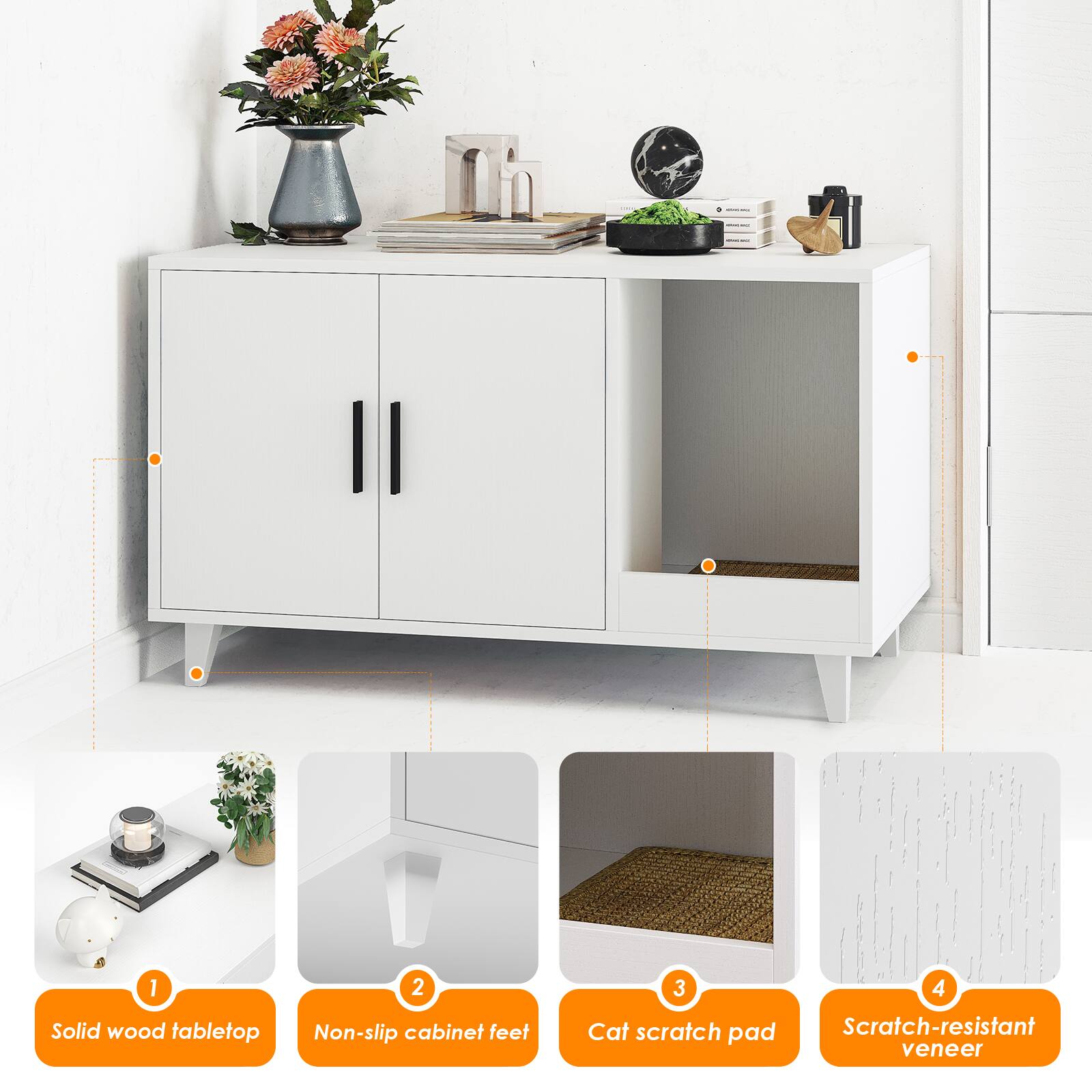 1. Solid wood tabletop  
2. Non-slip cabinet feet  
3. Cat scratch pad  
4. Scratch-resistant veneer