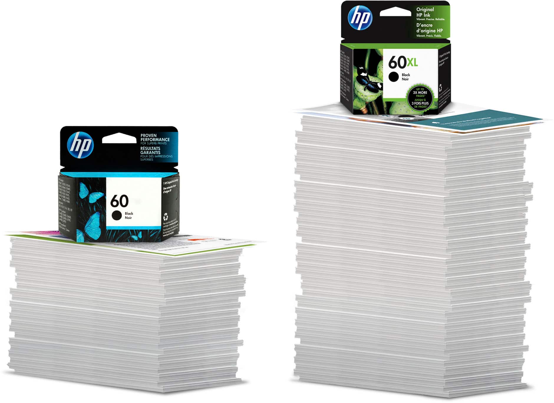 The image features a stack of HP ink cartridges, with the largest text reading "Save time and money." The text below the stack reads "More ink, more pages with high-yield cartridges." The image also includes a comparison between HP high-yield and standard-yield cartridges, highlighting the cost-saving benefits of using high-yield cartridges.