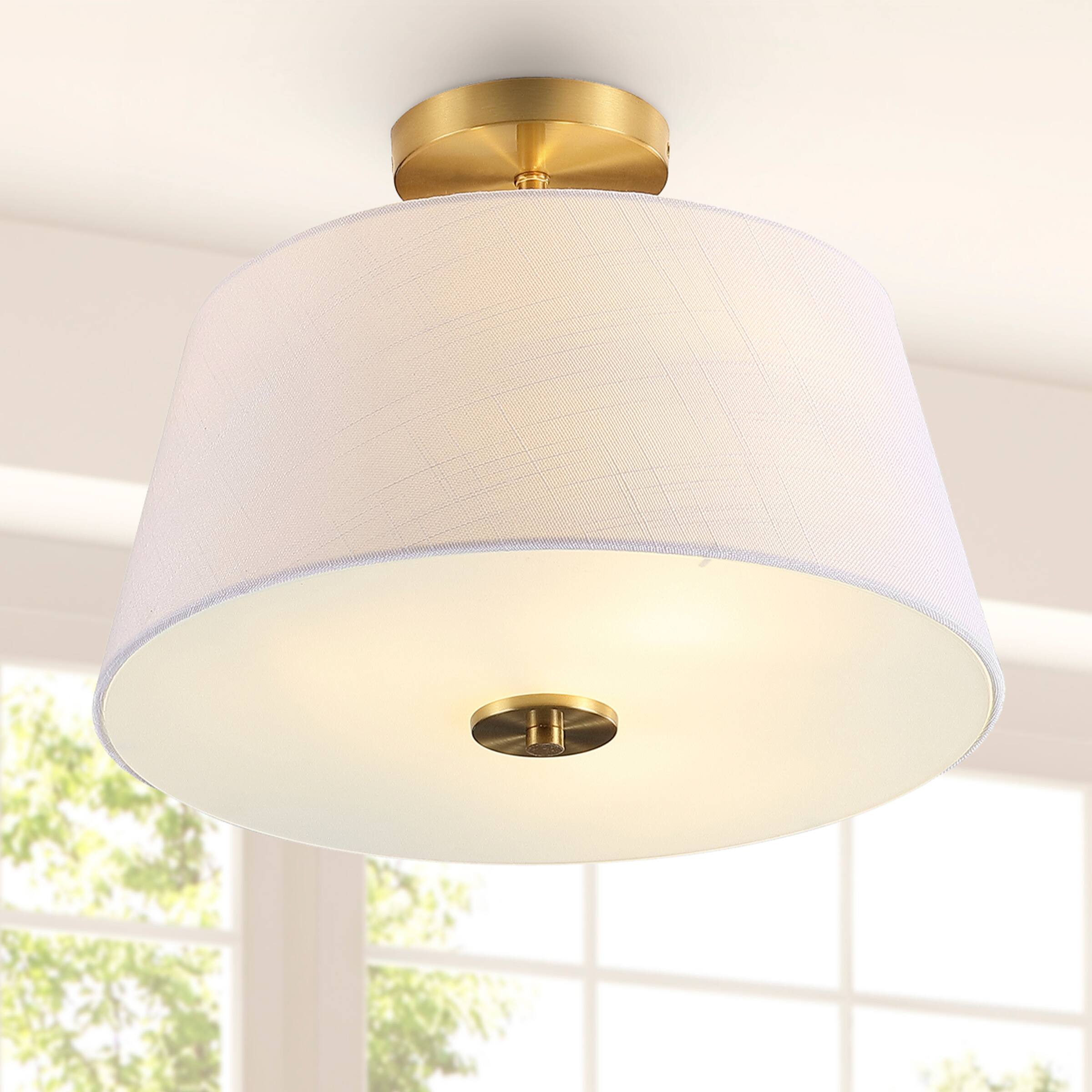 Alt View 1. Jonathan Y - Isabella 15" 3-Light Modern Contemporary Metal Tapered Drum LED Semi Flush Mount, Brass Gold - Brass Gold.