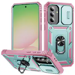 UUCOVER - Rugged Protective Case for Samsung Galaxy A37 5G,Shockproof TPU+PC Ring Holder Stand Case with Sliding Camera Cover - Mint/Pink