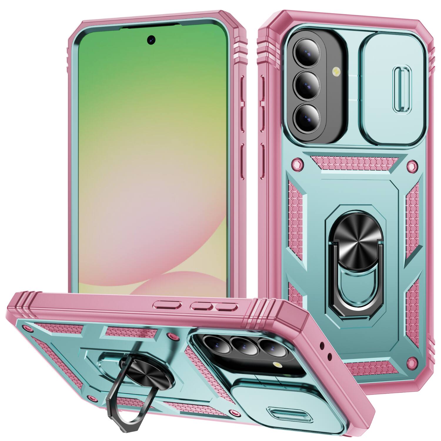 Front. UUCOVER - Rugged Protective Case for Samsung Galaxy A37 5G,Shockproof TPU+PC Ring Holder Stand Case with Sliding Camera Cover - Mint/Pink.