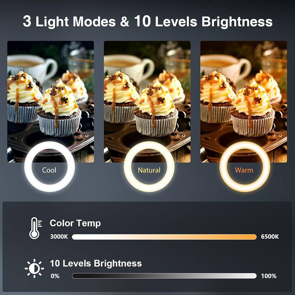 3 Light Modes & 10 Levels Brightness

Cool Natural Warm

Color Temp
3000K 6500K

10 Levels Brightness
0% 100%